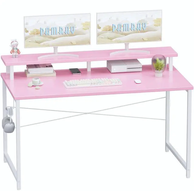 Main image of 47 Inch Small Computer Desk with Monitor Stand, Simple Office Desk with Headphone Hook for Small Spaces, Kids Study Writing Table for Bedroom, Pink