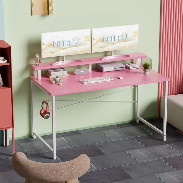 Alt view image 2 of 6 - 47 Inch Small Computer Desk with Monitor Stand, Simple Office Desk with Headphone Hook for Small Spaces, Kids Study Writing Table for Bedroom, Pink