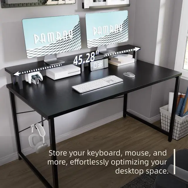 Alt view image 3 of 6 - 47 Inch Small Computer Desk with Monitor Stand, Simple Office Desk with Headphone Hook for Small Spaces, Kids Study Writing Table for Bedroom, Pink