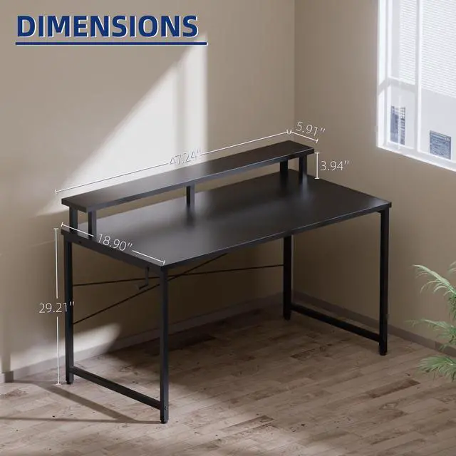 Alt view image 5 of 6 - 47 Inch Small Computer Desk with Monitor Stand, Simple Office Desk with Headphone Hook for Small Spaces, Kids Study Writing Table for Bedroom, Pink