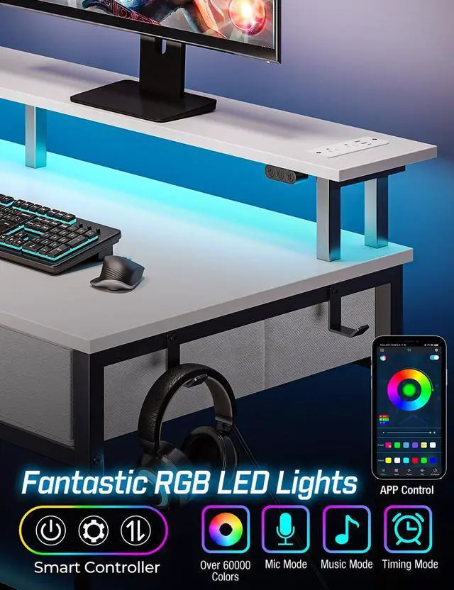 Alt view image 2 of 7 - Computer Desk with Power Outlets & LED Light, 47 inch Home Office Desk with Drawers and Storage Shelves, Writing Desk with Monitor Stand, Modern Work Study Desk for Home Office, White