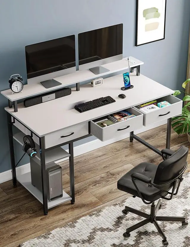 Alt view image 3 of 7 - Computer Desk with Power Outlets & LED Light, 47 inch Home Office Desk with Drawers and Storage Shelves, Writing Desk with Monitor Stand, Modern Work Study Desk for Home Office, White