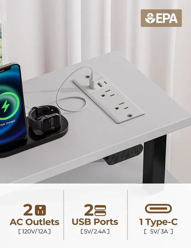 Alt view image 4 of 7 - Computer Desk with Power Outlets & LED Light, 47 inch Home Office Desk with Drawers and Storage Shelves, Writing Desk with Monitor Stand, Modern Work Study Desk for Home Office, White