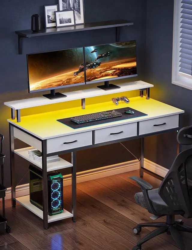 Alt view image 5 of 7 - Computer Desk with Power Outlets & LED Light, 47 inch Home Office Desk with Drawers and Storage Shelves, Writing Desk with Monitor Stand, Modern Work Study Desk for Home Office, White