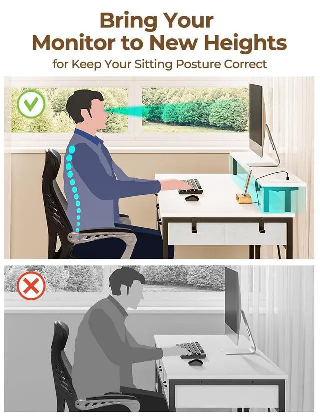 Alt view image 7 of 7 - Computer Desk with Power Outlets & LED Light, 47 inch Home Office Desk with Drawers and Storage Shelves, Writing Desk with Monitor Stand, Modern Work Study Desk for Home Office, White