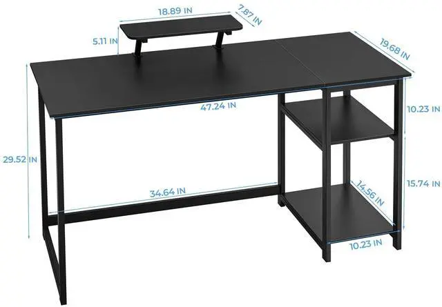 Alt view image 2 of 7 - Computer Home Office Desk with Monitor Stand and Storage Shelves on Left or Right Side,47 inch Modern Writing Study PC Laptop Work Table,Black