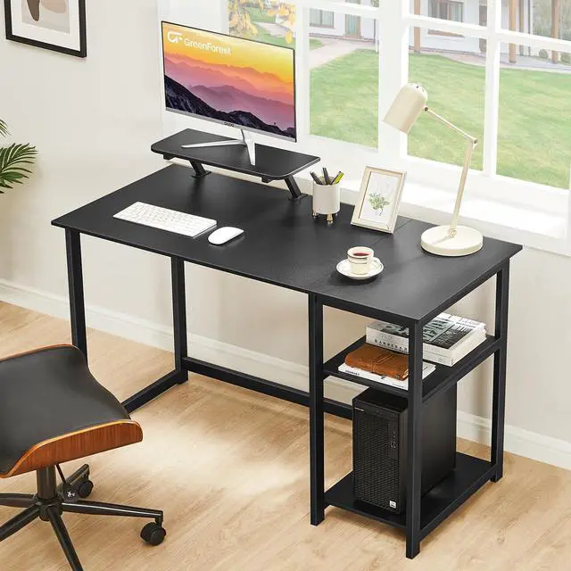 Alt view image 6 of 7 - Computer Home Office Desk with Monitor Stand and Storage Shelves on Left or Right Side,47 inch Modern Writing Study PC Laptop Work Table,Black