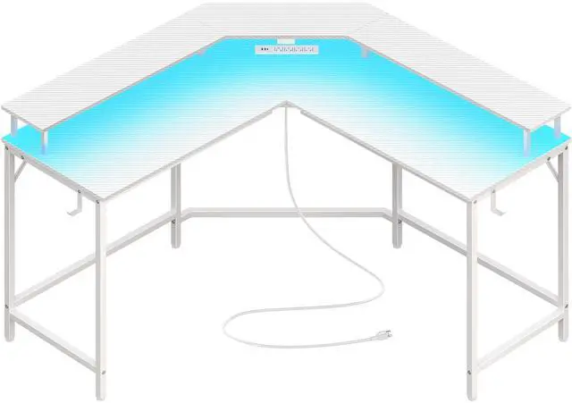 Main image of L Shaped Gaming Desk with Power Outlets & LED Lights, Computer Desk with Monitor Shelves, Carbon Fiber Surface, Home Office Desk, Corner Gaming Desk with Hooks, Carbon Fiber White