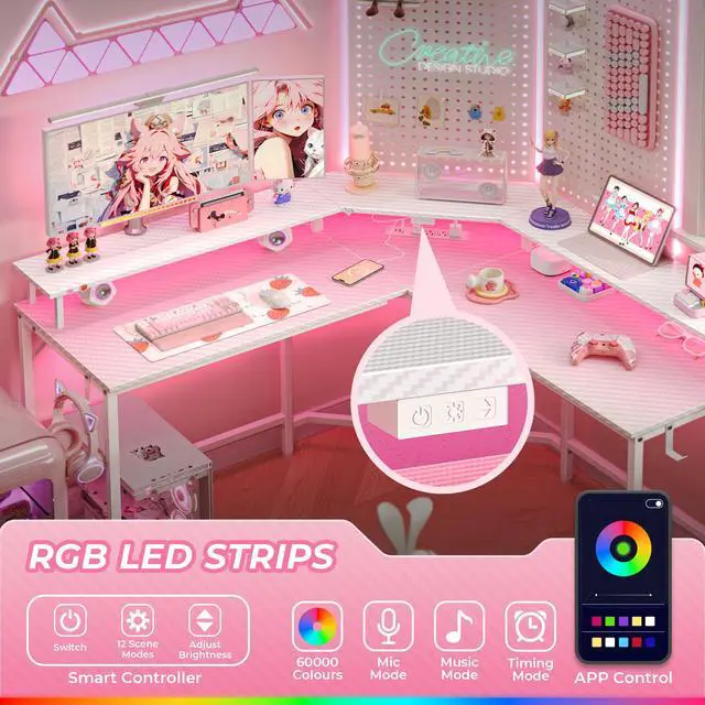 Alt view image 2 of 7 - L Shaped Gaming Desk with Power Outlets & LED Lights, Computer Desk with Monitor Shelves, Carbon Fiber Surface, Home Office Desk, Corner Gaming Desk with Hooks, Carbon Fiber White