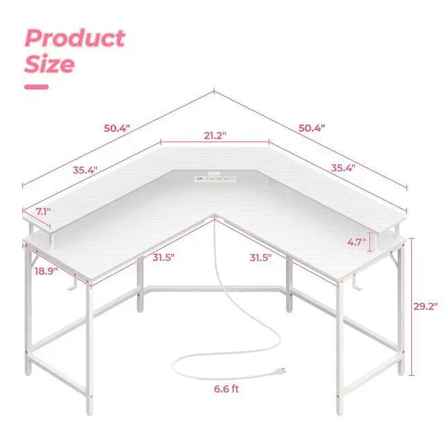 Alt view image 5 of 7 - L Shaped Gaming Desk with Power Outlets & LED Lights, Computer Desk with Monitor Shelves, Carbon Fiber Surface, Home Office Desk, Corner Gaming Desk with Hooks, Carbon Fiber White