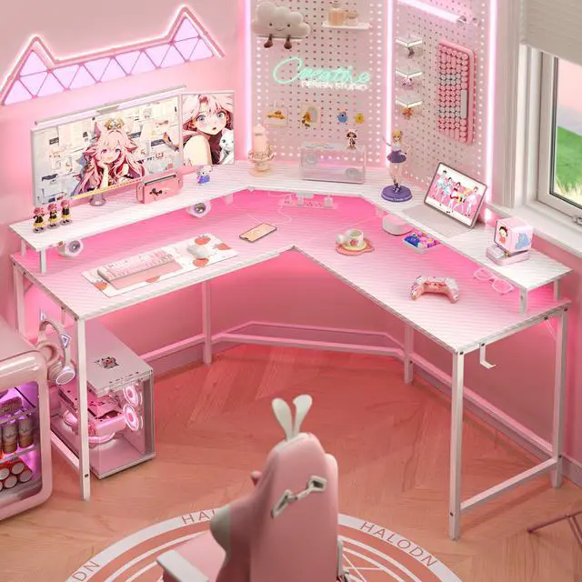 Alt view image 4 of 7 - L Shaped Gaming Desk with Power Outlets & LED Lights, Computer Desk with Monitor Shelves, Carbon Fiber Surface, Home Office Desk, Corner Gaming Desk with Hooks, Carbon Fiber White