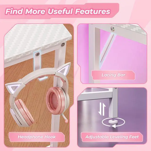 Alt view image 6 of 7 - L Shaped Gaming Desk with Power Outlets & LED Lights, Computer Desk with Monitor Shelves, Carbon Fiber Surface, Home Office Desk, Corner Gaming Desk with Hooks, Carbon Fiber White