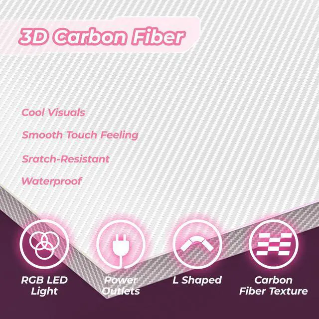 Alt view image 7 of 7 - L Shaped Gaming Desk with Power Outlets & LED Lights, Computer Desk with Monitor Shelves, Carbon Fiber Surface, Home Office Desk, Corner Gaming Desk with Hooks, Carbon Fiber White