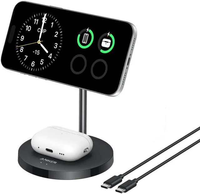 Main image of MagSafe Compatible MagGo Charger Stand, iPhone 17 Wireless Charger, 2-in-1 Charging Station, Qi2 Certified 15W Fast Charging, for iPhone 17/16/15/14/13/12, AirPods Pro (Black, No Adapter)