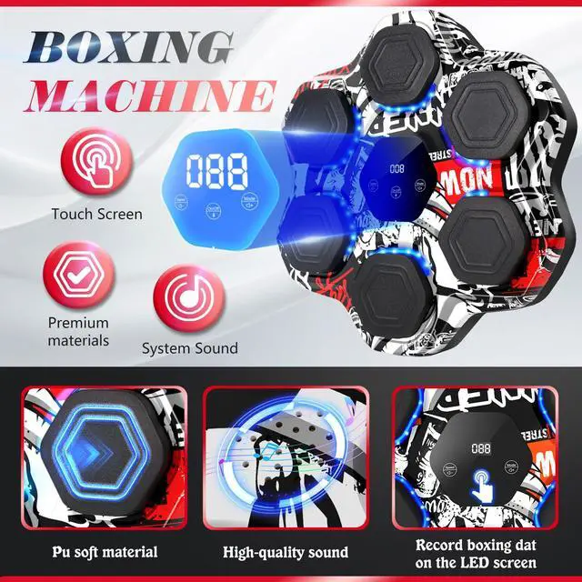 Alt view image 3 of 7 - Music Boxing Machine, Smart Bluetooth Punching Machine with Gloves, 6 Target Large Size Punching, LED Electronic Workout Target with 9 Modes & 9 Speeds