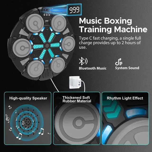 Alt view image 4 of 7 - Music Punching Machine for Kids Adults,Bluetooth Wall Mounted Boxing Trainer with Gloves,Rhythm Lights,2 Player Battle Mode,Reaction Training Pad,Home Gym Sport Toys Gifts for Boys Girls Teens 6-12+