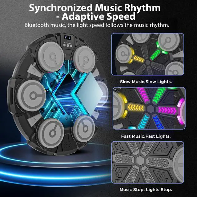 Alt view image 5 of 7 - Music Punching Machine for Kids Adults,Bluetooth Wall Mounted Boxing Trainer with Gloves,Rhythm Lights,2 Player Battle Mode,Reaction Training Pad,Home Gym Sport Toys Gifts for Boys Girls Teens 6-12+