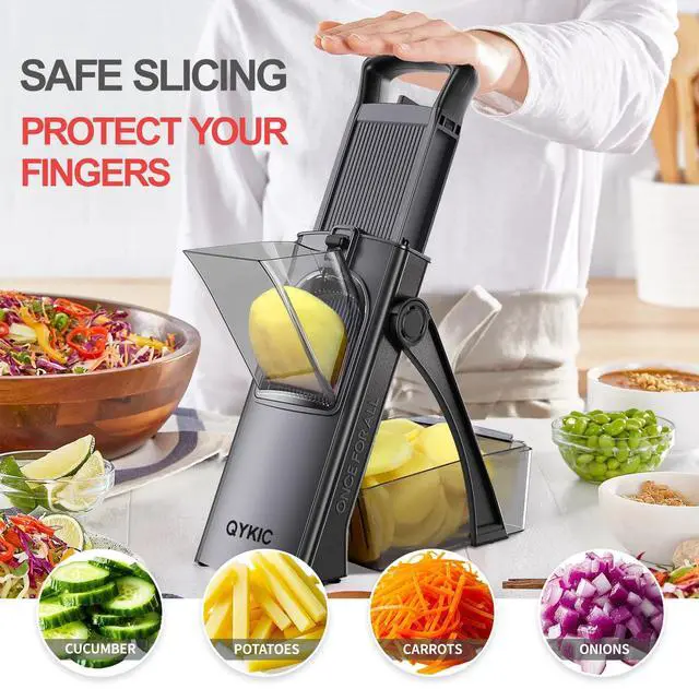 Alt view image 2 of 6 - Safe Mandoline Food Slicer for Kitchen, Adjustable Vegetable Chopper Food Slicer with Peeler Thickness Adjuster, Potato French Fry Cutter, Kitchen Chopping Artifact (Black)