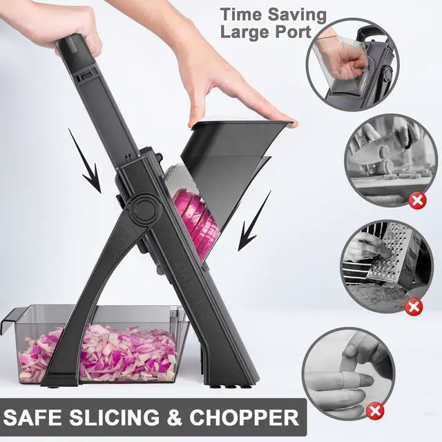 Alt view image 3 of 6 - Safe Mandoline Food Slicer for Kitchen, Adjustable Vegetable Chopper Food Slicer with Peeler Thickness Adjuster, Potato French Fry Cutter, Kitchen Chopping Artifact (Black)