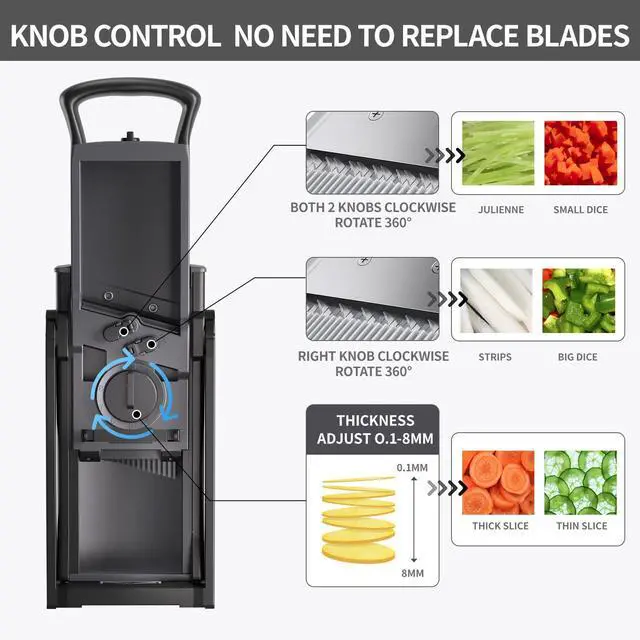 Alt view image 4 of 6 - Safe Mandoline Food Slicer for Kitchen, Adjustable Vegetable Chopper Food Slicer with Peeler Thickness Adjuster, Potato French Fry Cutter, Kitchen Chopping Artifact (Black)