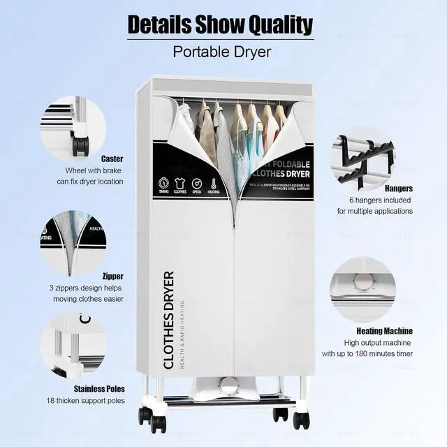 Alt view image 3 of 6 - Clothes Dryer, Portable Drying Machine with Timer, 60inch Laundry Drying Wardrobe with Large Capacity, Electric Dryer/Rack for Home | Appartments (Grey UE5)