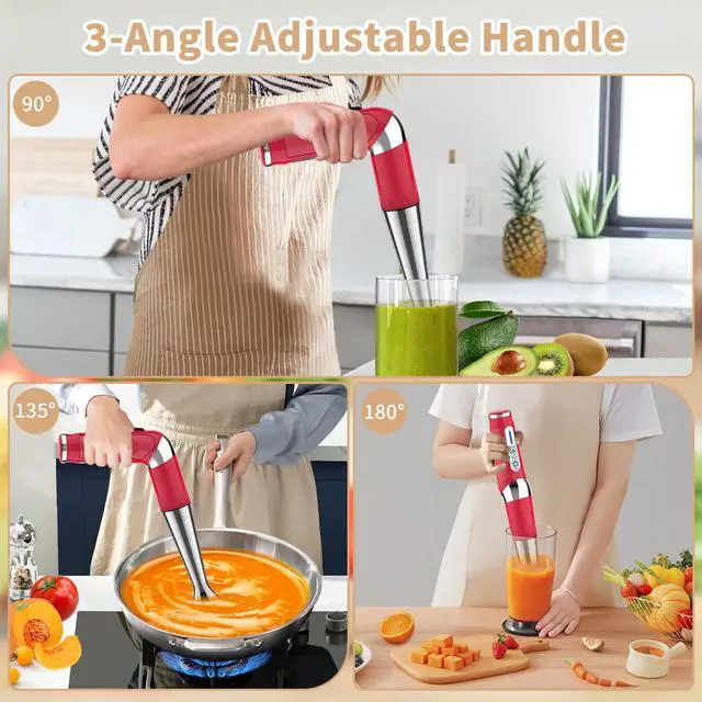 Alt view image 3 of 6 - Cordless Immersion Blender Handheld: Powerful Rechargeable Electric Hand Blender, 21-Speed & 3-Angle Adjustable with Stainless Steel Blades for Milkshakes, Smoothies, Soup, Puree, Baby Food (Red)