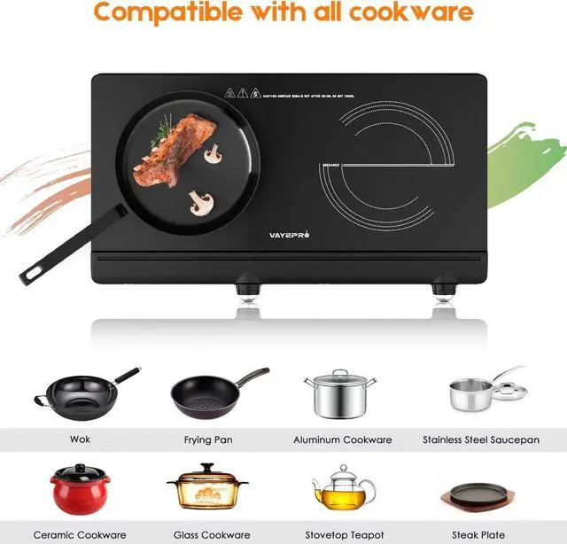 Alt view image 3 of 6 - Infrared Double Burner Electric Cooktop - 1800W Portable Stove, Heat-up In Seconds, Countertop Cooktop for Dorm, Compatible with All Cookware