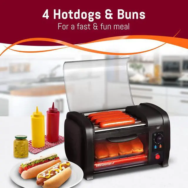 Alt view image 6 of 6 - EHD-051B Hot Dog Toaster Oven, 30-Min Timer, Stainless Steel Heat Rollers Bake & Crumb Tray, World Series Baseball, 4 Bun Capacity, Black
