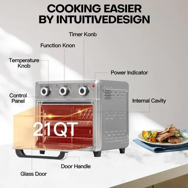 Alt view image 6 of 7 - Compact Airfryer Toaster Oven, 1400W 21QT with 6-in-1 Multifunctions and Wide Temperature Range, Air Fryer Oven with 60-Minute Timer/Auto-Off, Stainless Steel Countertop Oven (Silver)