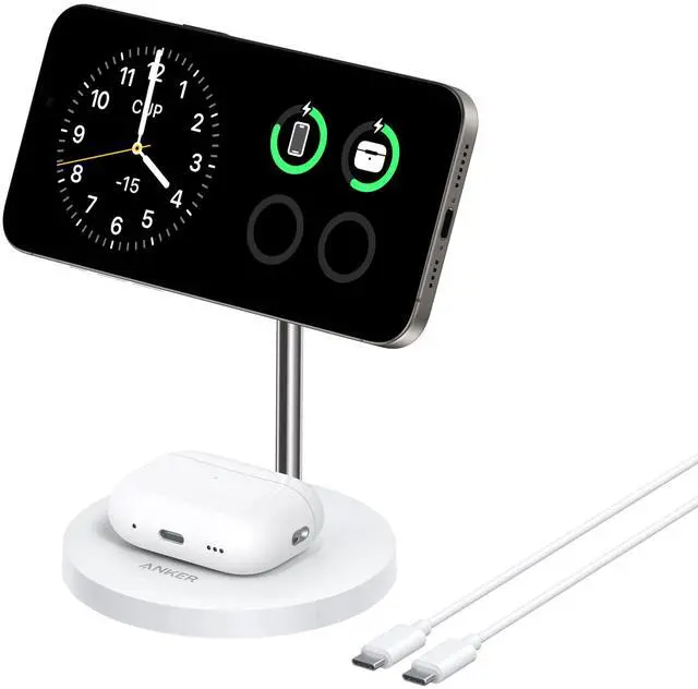 Main image of MagSafe Compatible MagGo Charger Stand, iPhone 17 Wireless Charger, 2-in-1 Charging Station, Qi2 Certified 15W Fast Charging, for iPhone 17/16/15/14/13/12, AirPods Pro (White, No Adapter)