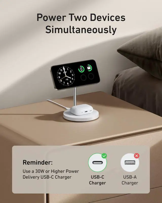 Alt view image 2 of 5 - MagSafe Compatible MagGo Charger Stand, iPhone 17 Wireless Charger, 2-in-1 Charging Station, Qi2 Certified 15W Fast Charging, for iPhone 17/16/15/14/13/12, AirPods Pro (White, No Adapter)