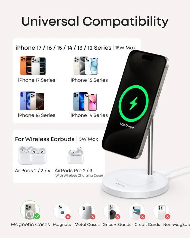 Alt view image 5 of 5 - MagSafe Compatible MagGo Charger Stand, iPhone 17 Wireless Charger, 2-in-1 Charging Station, Qi2 Certified 15W Fast Charging, for iPhone 17/16/15/14/13/12, AirPods Pro (White, No Adapter)