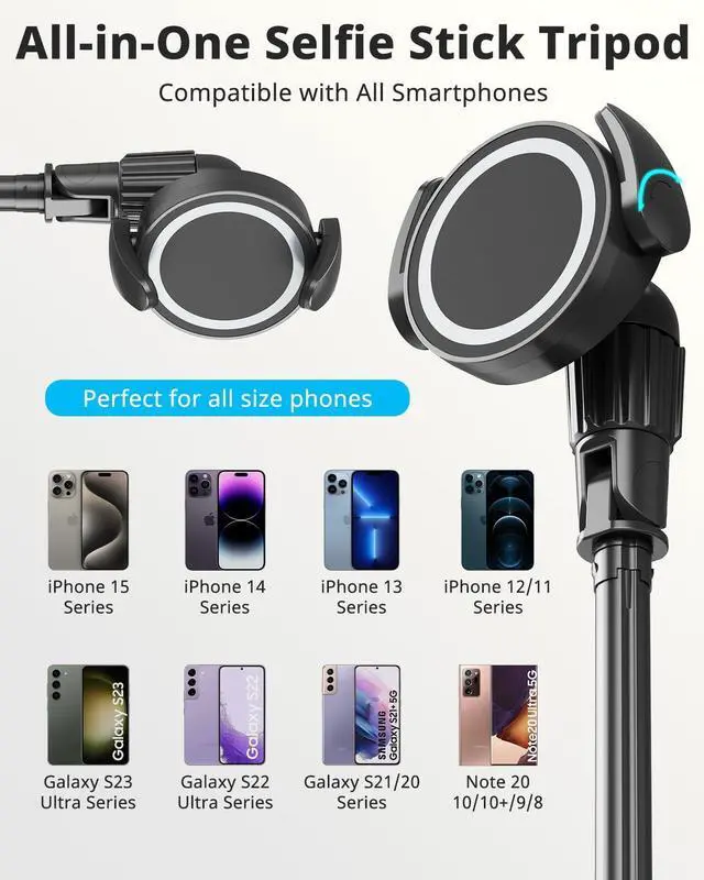 Alt view image 3 of 3 - 72'' Magnetic Tripod for iPhone with Remote, Extendable Cell Phone Tripod Stand, Compatible with MagSafe, Selfie Stick Tripod for iPhone 15 14 13 12 11 Series and Android Phones