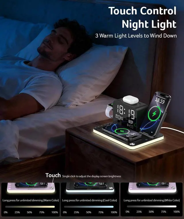 Alt view image 7 of 7 - 7-in-1 Wireless Charging Station: Charger Stand for Multiple Devices for Apple - iPhone 16 15 14 13 12 Pro Max Apple Watch Airpods, Wireless Charger iPhone Charging Station with Bluetooth TimeSyn