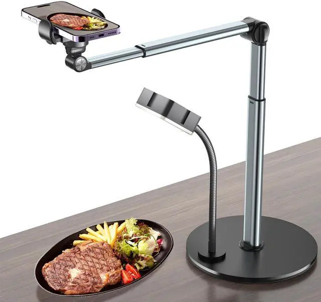 Main image of Overhead Phone Mount with Rechargeable Light for iPhone, Table Tripod for Content Creators, Portable Phone Camera Stand for Cooking, Video Recording, Filming, Nail Techs