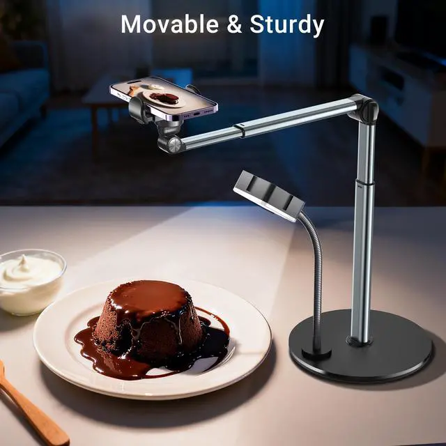 Alt view image 2 of 6 - Overhead Phone Mount with Rechargeable Light for iPhone, Table Tripod for Content Creators, Portable Phone Camera Stand for Cooking, Video Recording, Filming, Nail Techs