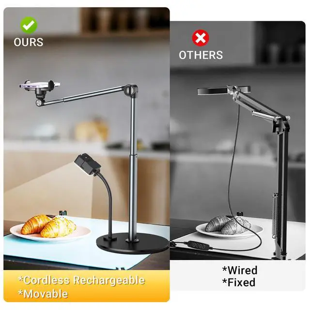 Alt view image 3 of 6 - Overhead Phone Mount with Rechargeable Light for iPhone, Table Tripod for Content Creators, Portable Phone Camera Stand for Cooking, Video Recording, Filming, Nail Techs