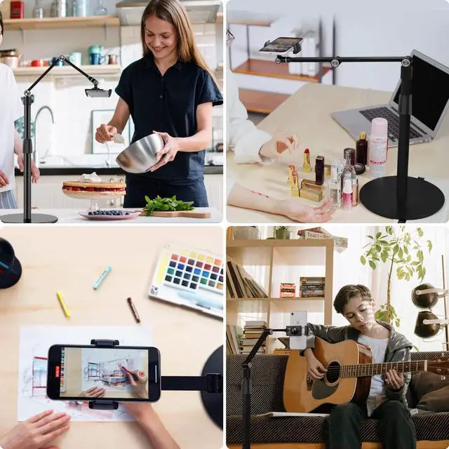 Alt view image 2 of 7 - Tablet Phone Overhead Stand, Height & 360 Degree Angle Adjustable, Aluminum Desktop Stand, Compatible with 3.5-11" Cellphone or Tablet Such as iPhone iPad Pro Air Mini, Samsung, Nexus(AP-4P-B)