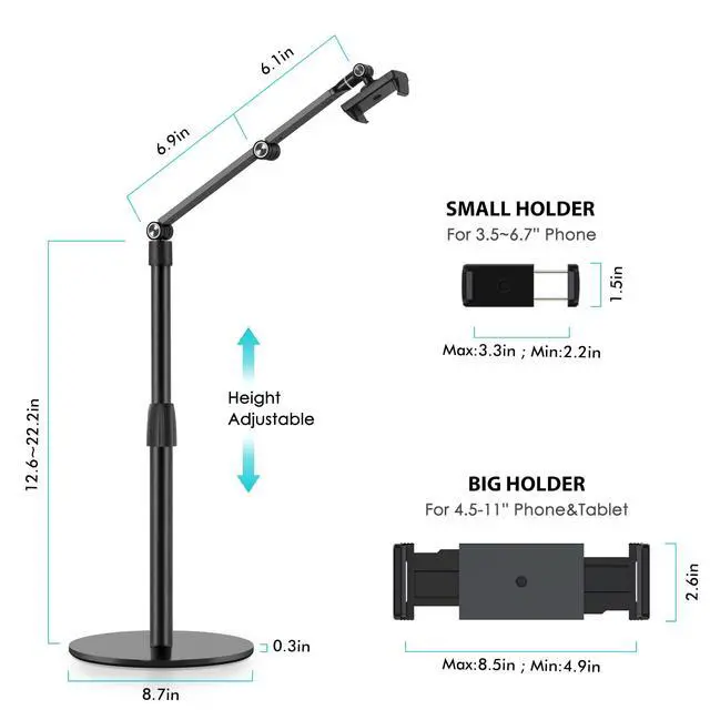Alt view image 4 of 7 - Tablet Phone Overhead Stand, Height & 360 Degree Angle Adjustable, Aluminum Desktop Stand, Compatible with 3.5-11" Cellphone or Tablet Such as iPhone iPad Pro Air Mini, Samsung, Nexus(AP-4P-B)