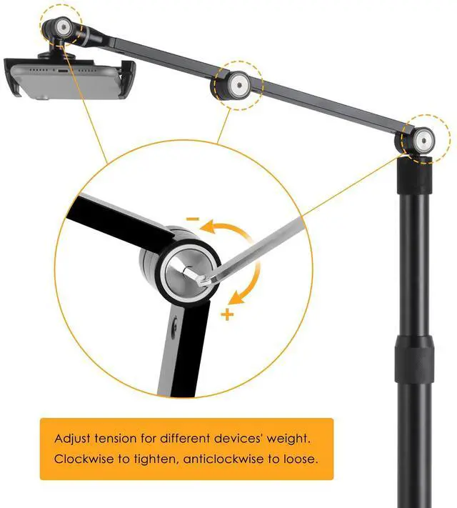 Alt view image 6 of 7 - Tablet Phone Overhead Stand, Height & 360 Degree Angle Adjustable, Aluminum Desktop Stand, Compatible with 3.5-11" Cellphone or Tablet Such as iPhone iPad Pro Air Mini, Samsung, Nexus(AP-4P-B)
