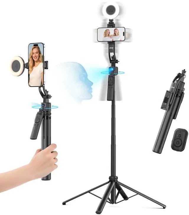 Main image of Auto Face Tracking Tripod for iPhone/Cell Phone/Android/Camera with Light and Remote, 64", No App, 360°Rotating Tripod Selfie Stick for Tiktok YouTube Vlog Live Streaming Video Recording
