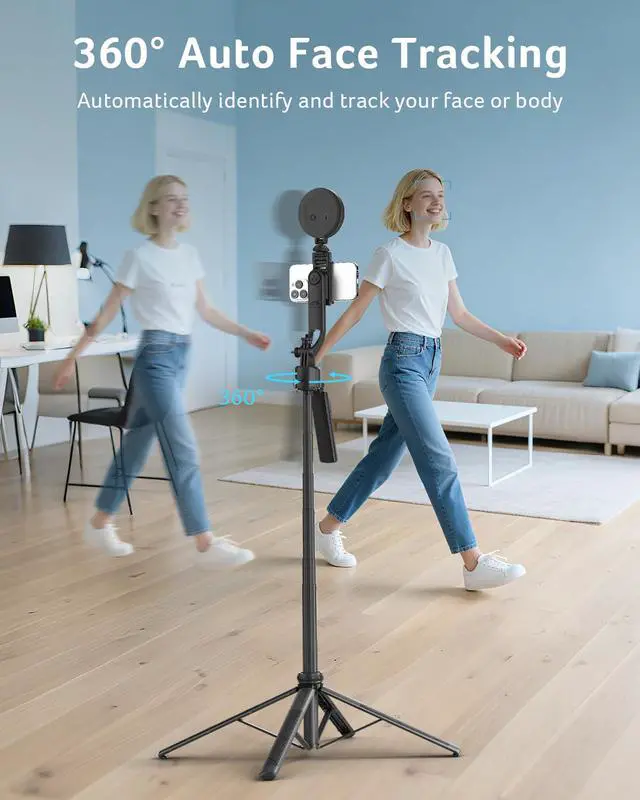 Alt view image 2 of 7 - Auto Face Tracking Tripod for iPhone/Cell Phone/Android/Camera with Light and Remote, 64", No App, 360°Rotating Tripod Selfie Stick for Tiktok YouTube Vlog Live Streaming Video Recording