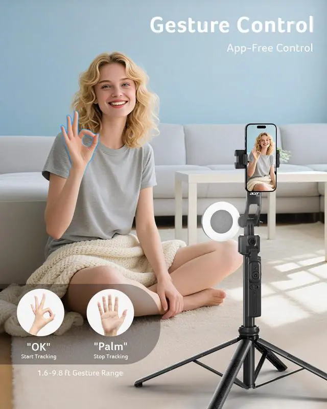 Alt view image 3 of 7 - Auto Face Tracking Tripod for iPhone/Cell Phone/Android/Camera with Light and Remote, 64", No App, 360°Rotating Tripod Selfie Stick for Tiktok YouTube Vlog Live Streaming Video Recording