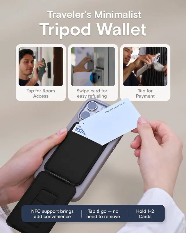 Alt view image 4 of 7 - Phone Tripod Wallet for iPhone, Mulit-Angles, Lightweight & Portable Phone Stand, MOVAS Vegan Leather Magnetic Wallet, Strong Magnets, NFC Card Holder,Travel Essential, Jet Black (With Card Slot)