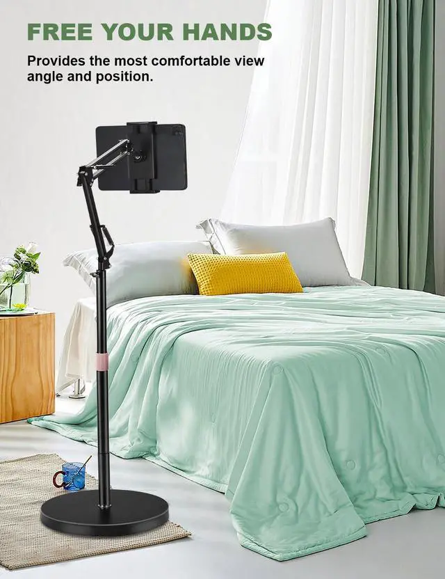 Alt view image 2 of 7 - Tablet Floor Stand, Overhead Bed Phone Stand with 8.8 lb Super Stable Base & Angle/Height Adjustable, Compatible with 4.5''-13'' iPhone, iPad Pro 12.9, Galaxy Tab, Kindle, Phones