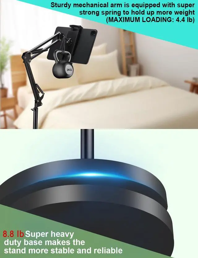 Alt view image 3 of 7 - Tablet Floor Stand, Overhead Bed Phone Stand with 8.8 lb Super Stable Base & Angle/Height Adjustable, Compatible with 4.5''-13'' iPhone, iPad Pro 12.9, Galaxy Tab, Kindle, Phones