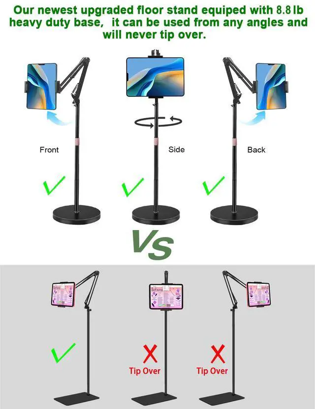 Alt view image 4 of 7 - Tablet Floor Stand, Overhead Bed Phone Stand with 8.8 lb Super Stable Base & Angle/Height Adjustable, Compatible with 4.5''-13'' iPhone, iPad Pro 12.9, Galaxy Tab, Kindle, Phones