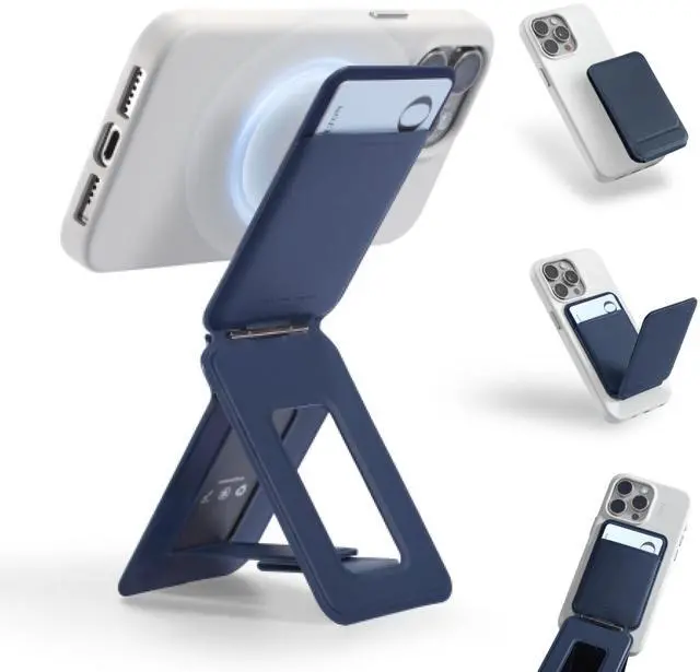 Main image of Phone Tripod Wallet, 3 in 1 Phone Stand, NFC-Supported Magnetic Phone Wallet, MOVAS Vegan Leather Adjustable Card Holder, Navy Blue