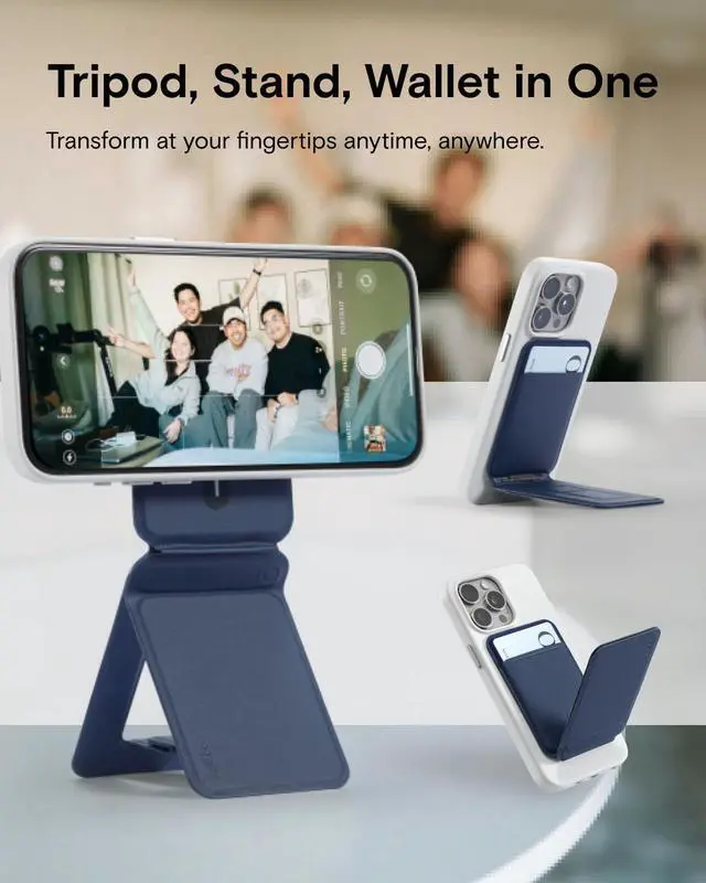 Alt view image 2 of 5 - Phone Tripod Wallet, 3 in 1 Phone Stand, NFC-Supported Magnetic Phone Wallet, MOVAS Vegan Leather Adjustable Card Holder, Navy Blue
