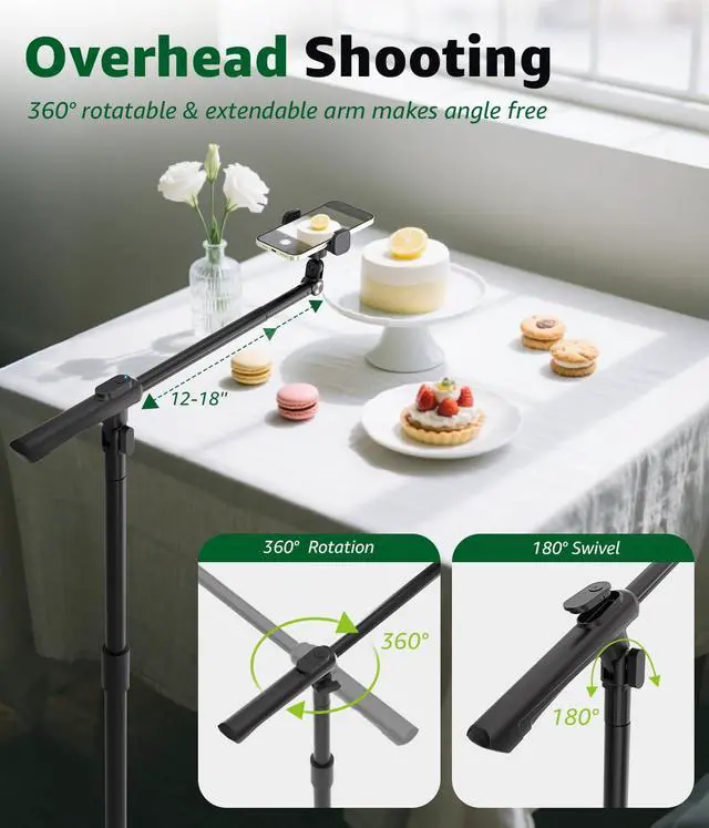 Alt view image 2 of 7 - Overhead Phone Mount for Video Recording, Tall Floor Stand with Bluetooth Remote, 360° Extendable Boom Arm Tripod for Live Streaming, Art, Cooking - Fits iPhone 17 16 15 14 13 Android (Not for iPad)